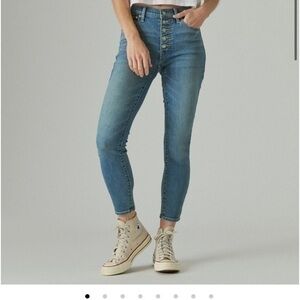 High Rise Bridgette With Exposed Button Fly distressed knees 26a ankle